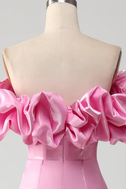 omberprom Mermaid Evening Dress Strapless Meringue Ruffles Prom Dress With Slit Pink