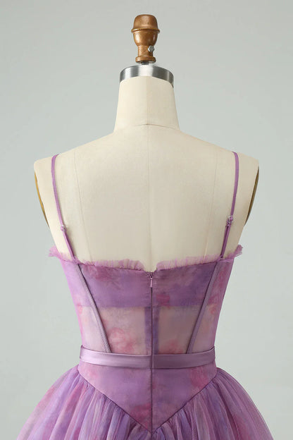 omberprom Short Cute Homecoming Dress A Line Spaghetti Straps Print Corset Purple