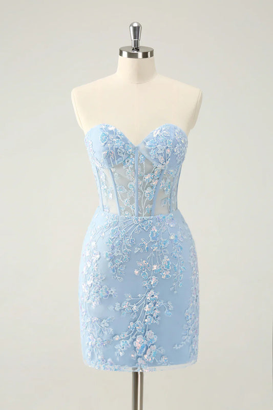 omberprom Homecoming Dress Classy Bodycon Strapless Corset with Sequins Fuchsia