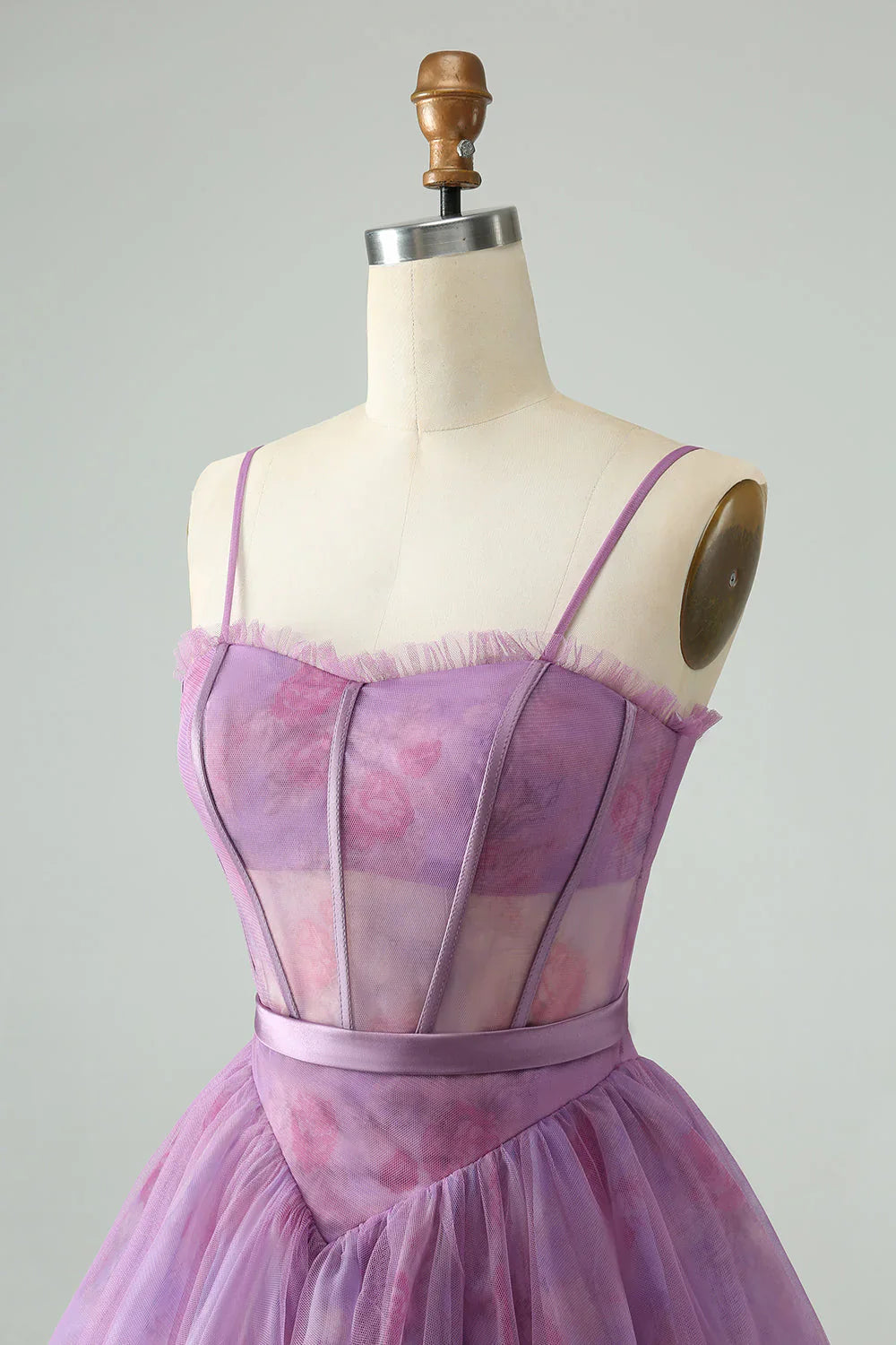 omberprom Short Cute Homecoming Dress A Line Spaghetti Straps Print Corset Purple