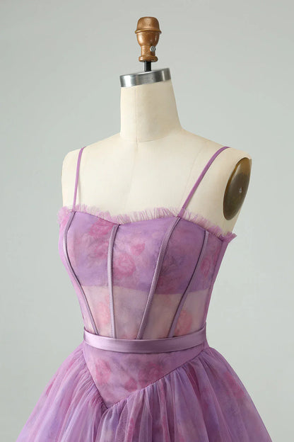 omberprom Short Cute Homecoming Dress A Line Spaghetti Straps Print Corset Purple