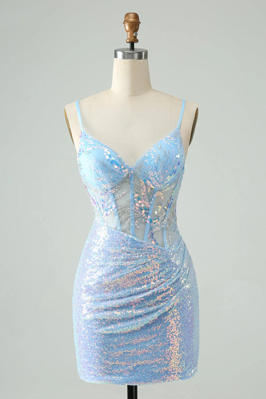 omberprom Homecoming Dress Glitter Lilac Tight Spaghetti Straps Corset with Sequins