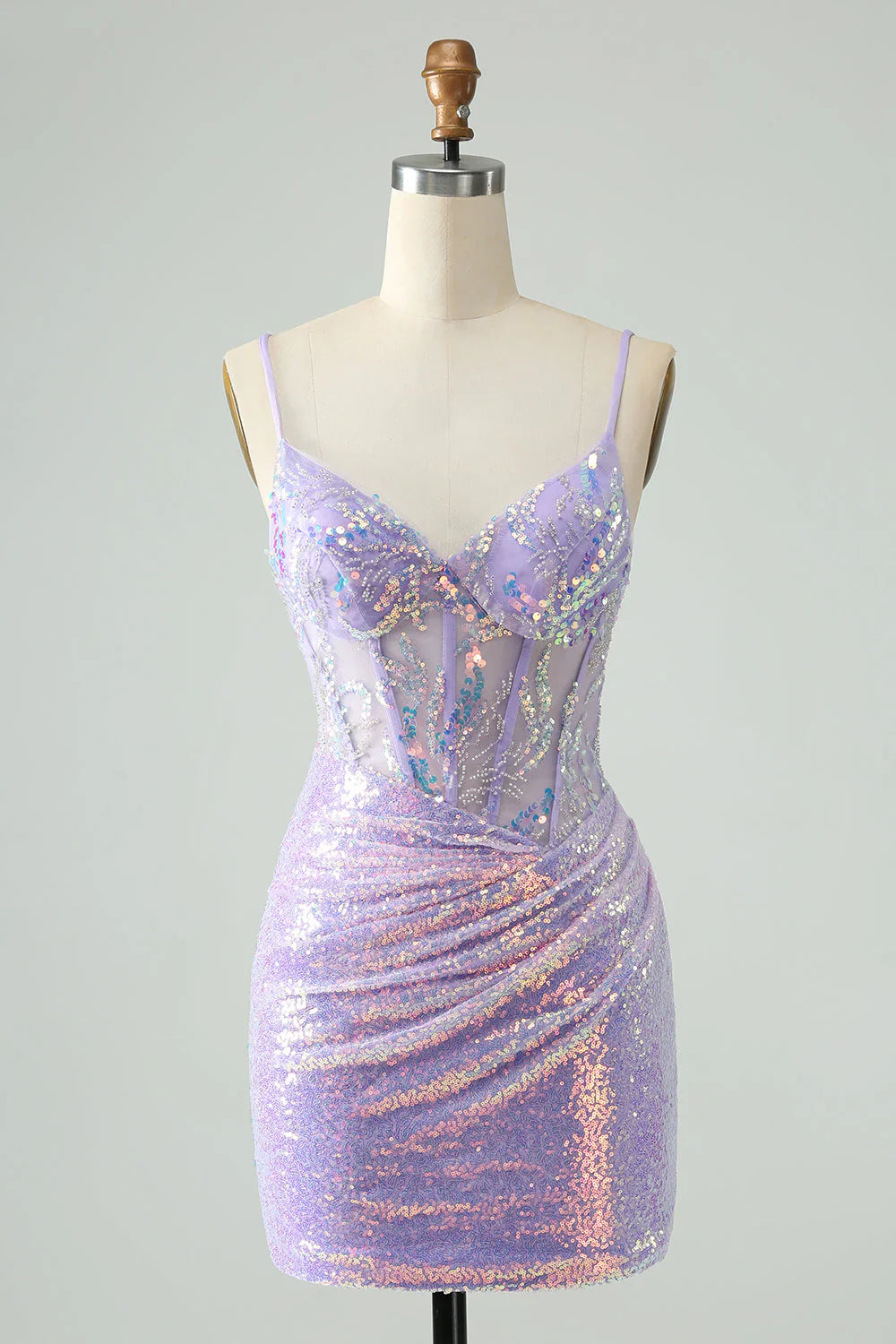 omberprom Homecoming Dress Glitter Lilac Tight Spaghetti Straps Corset with Sequins
