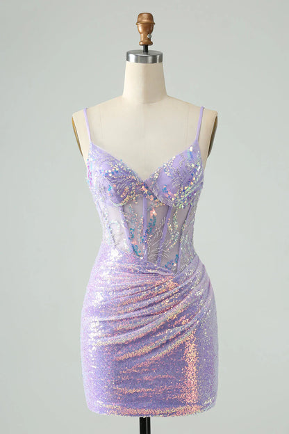 omberprom Homecoming Dress Glitter Lilac Tight Spaghetti Straps Corset with Sequins