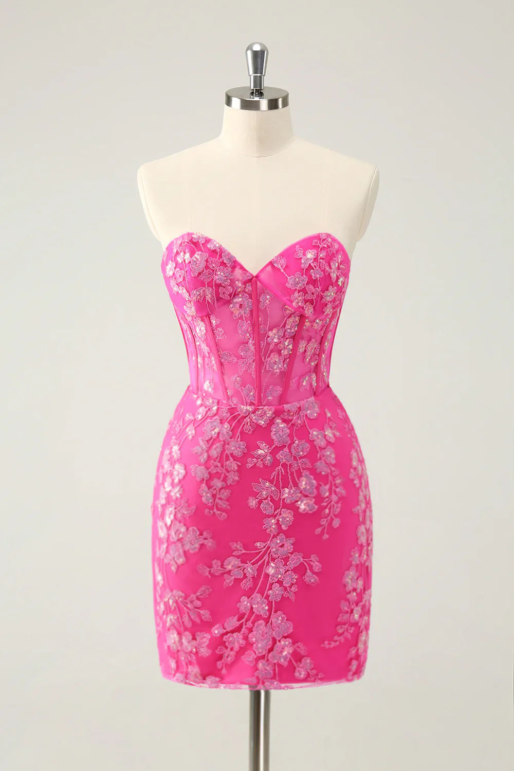 omberprom Homecoming Dress Classy Bodycon Strapless Corset with Sequins Fuchsia