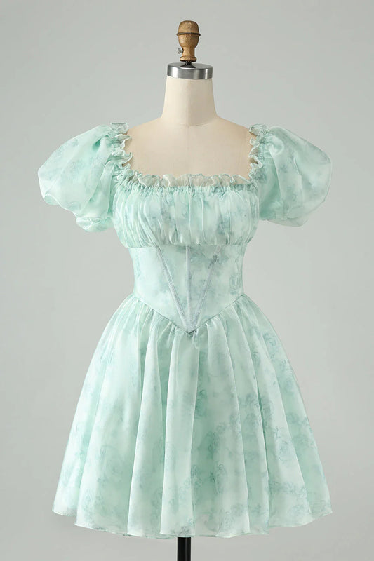 omberprom A Line Homecoming Dress Cute Sky Blue Square Neck Floral Ruffle with Puff Sleeves