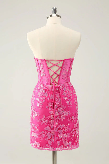 omberprom Homecoming Dress Classy Bodycon Strapless Corset with Sequins Fuchsia