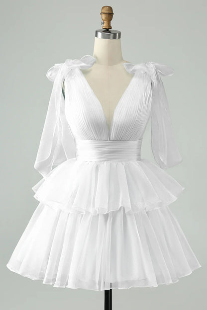 omberprom Short Homecoming Dress Cute Sky Blue A Line V Neck Backless Pleated Tiered