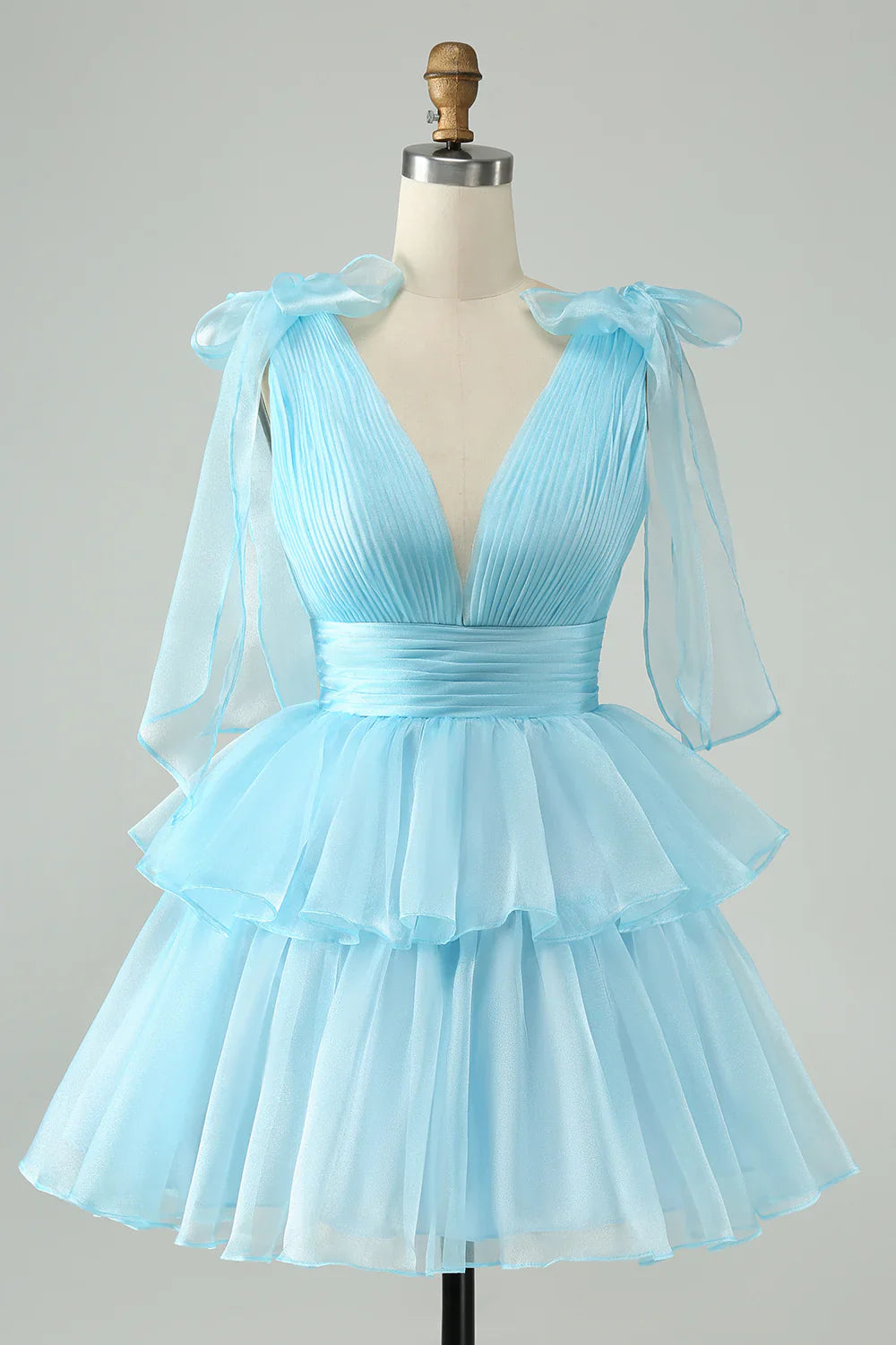 omberprom Short Homecoming Dress Cute Sky Blue A Line V Neck Backless Pleated Tiered