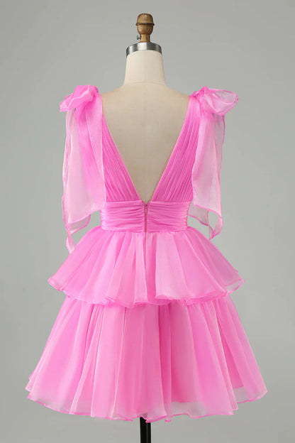 omberprom Short Cute Homecoming Dress Hot Pink A Line V Neck Backless Pleated Tiered