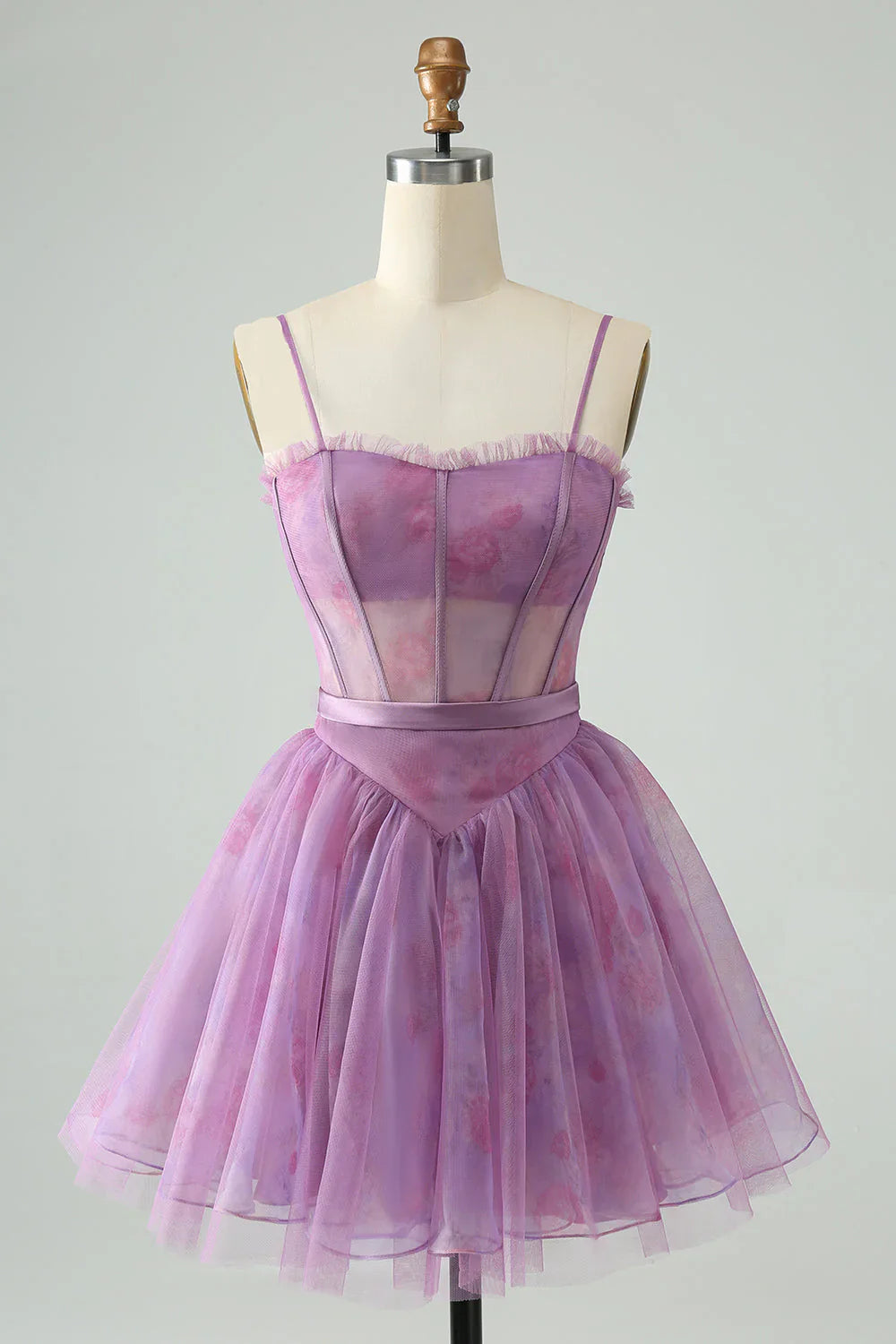 omberprom Short Cute Homecoming Dress A Line Spaghetti Straps Print Corset Purple