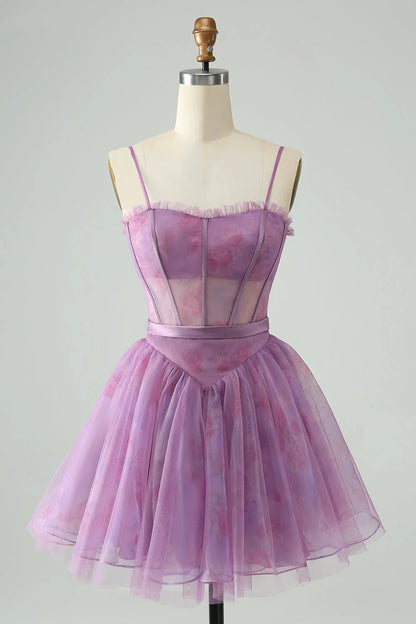 omberprom Short Cute Homecoming Dress A Line Spaghetti Straps Print Corset Purple
