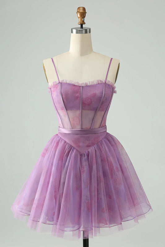 omberprom Short Cute Homecoming Dress A Line Spaghetti Straps Print Corset Purple