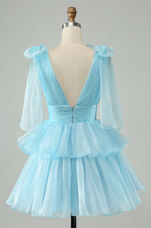 omberprom Short Homecoming Dress Cute Sky Blue A Line V Neck Backless Pleated Tiered