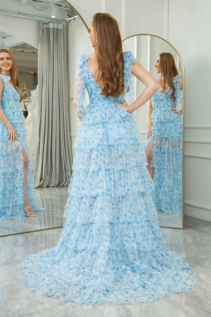 omberprom A Line Long Prom Dress Tulle V Neck Pleated Tiered With Slit Blue