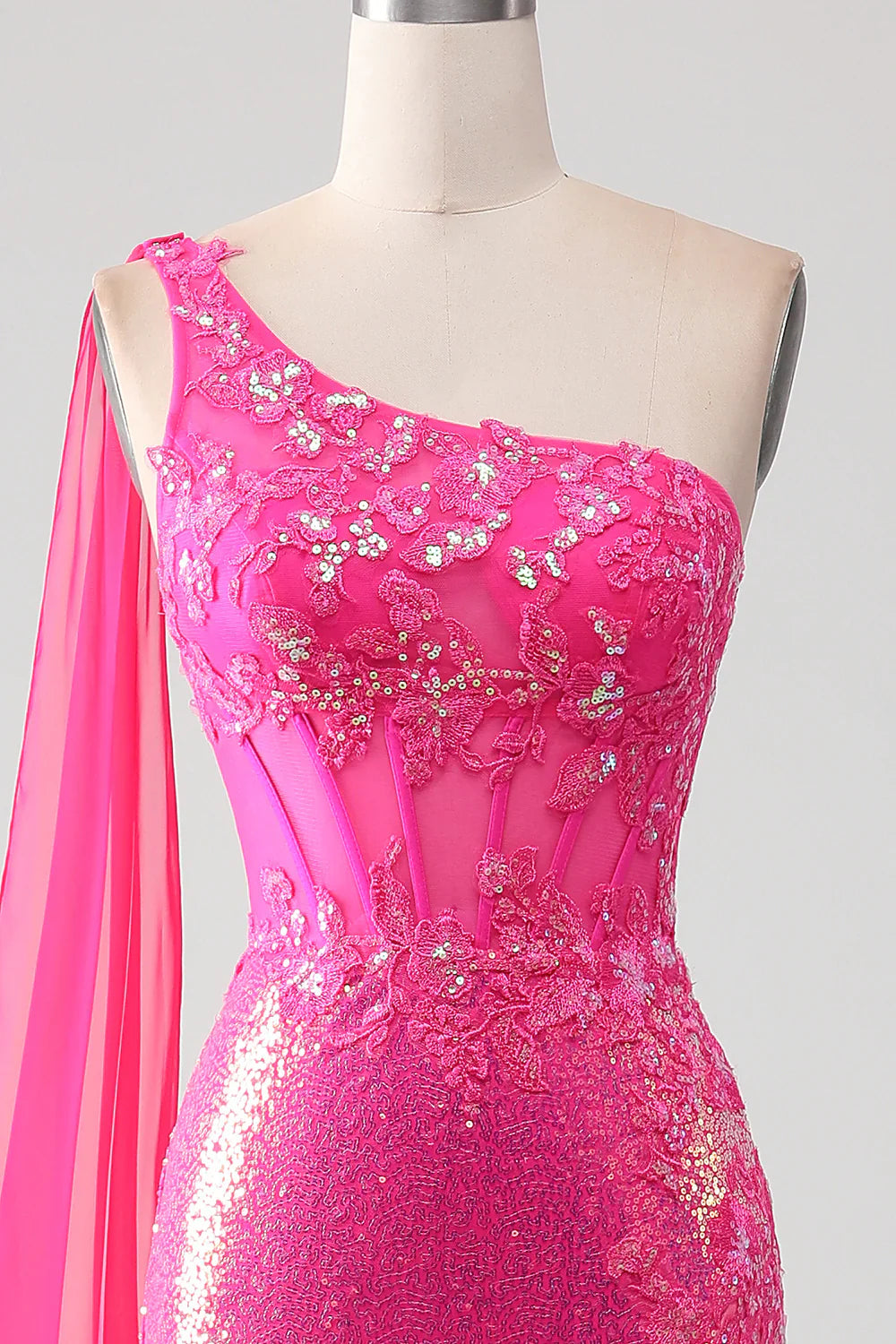 omberprom Mermaid One Shoulder Sparkly Corset Prom Dress Fuchsia With Slit