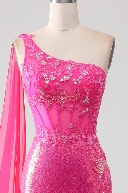 omberprom Mermaid One Shoulder Sparkly Corset Prom Dress Fuchsia With Slit