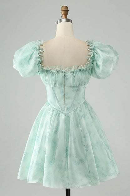 omberprom Short Homecoming Dress Cute Light Green A Line Graduation Dresses Square Neck Floral with Ruffles