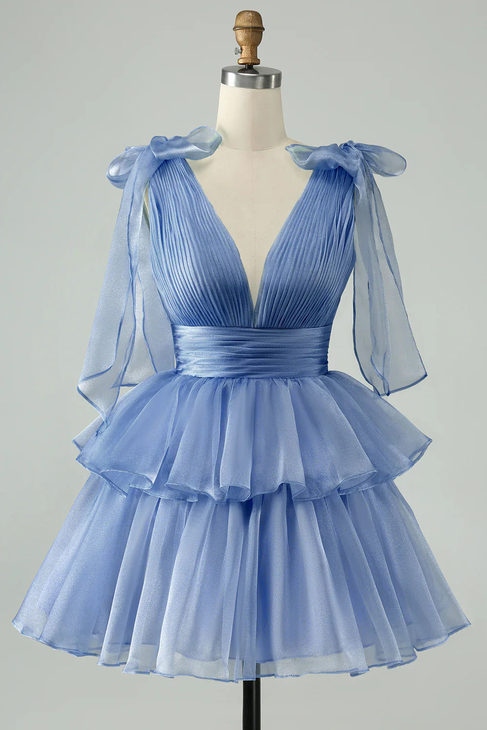 omberprom Short Homecoming Dress Cute Sky Blue A Line V Neck Backless Pleated Tiered
