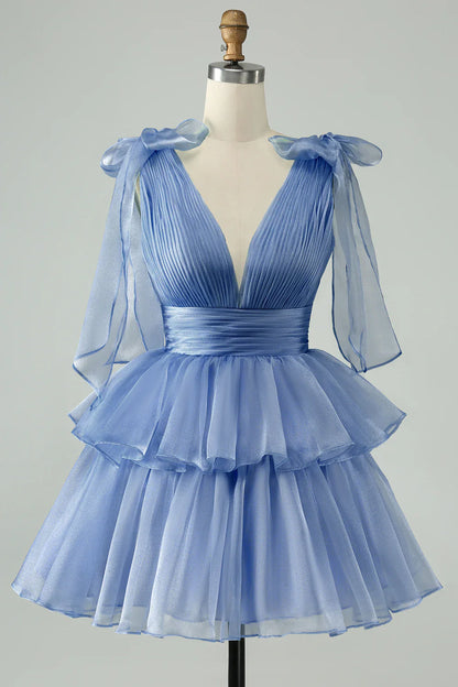 omberprom Short Homecoming Dress Cute Sky Blue A Line V Neck Backless Pleated Tiered