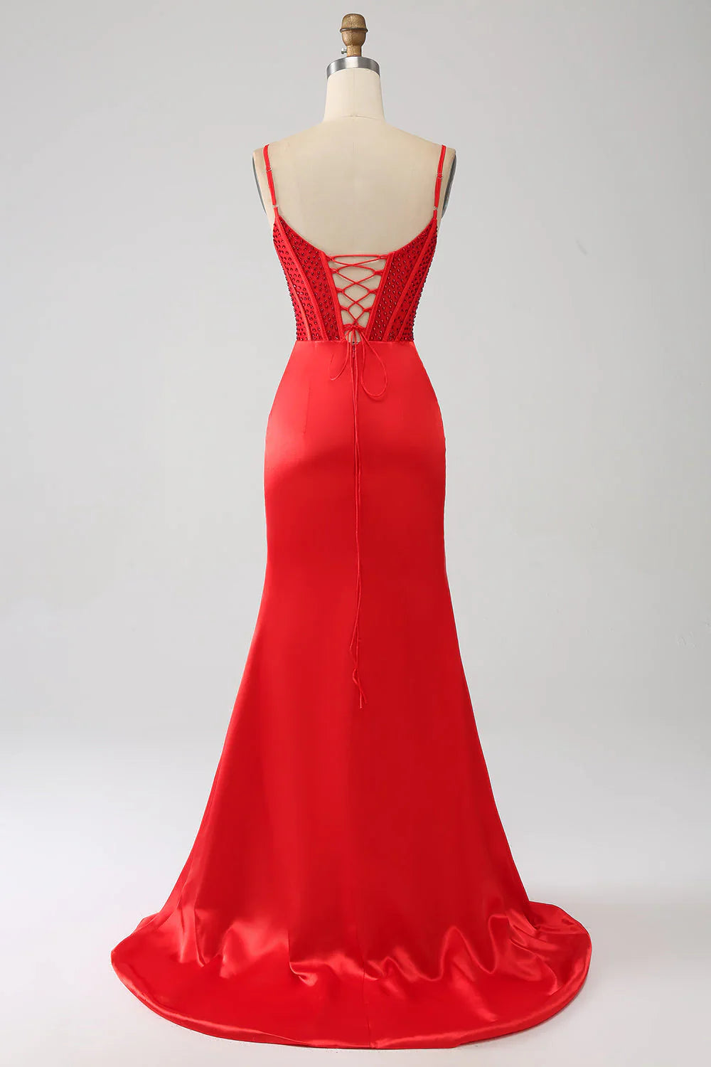 omberprom Red Mermaid Evening Dress Spaghetti Straps Satin Beaded Prom Dress with Slit