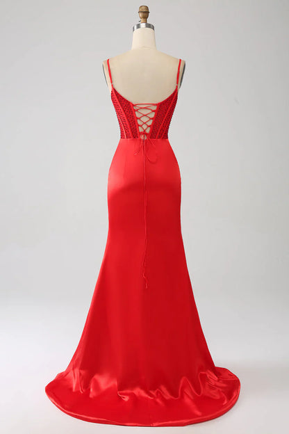 omberprom Red Mermaid Evening Dress Spaghetti Straps Satin Beaded Prom Dress with Slit