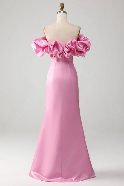 omberprom Mermaid Evening Dress Strapless Meringue Ruffles Prom Dress With Slit Pink