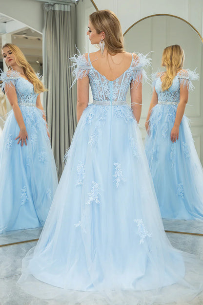 omberprom Fashion A Line Corset Appliqued Long Prom Dress Light Blue With Feathers