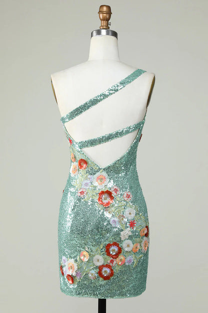 omberprom Homecoming Dress Bodycon One Shoulder Evening Dress Black Sequin Beading with 3d Flowers