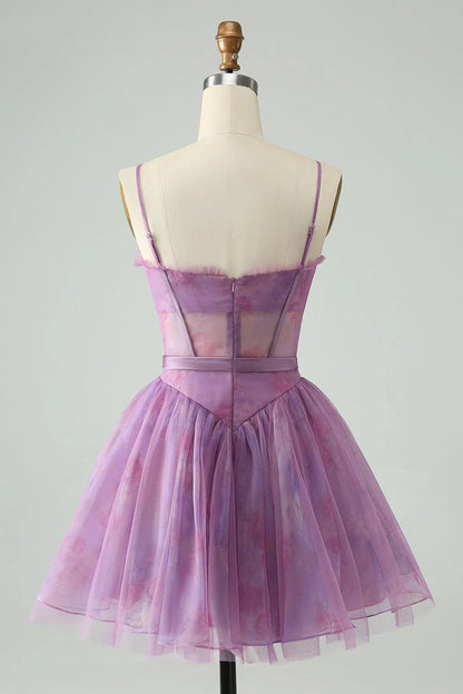 omberprom Short Cute Homecoming Dress A Line Spaghetti Straps Print Corset Purple