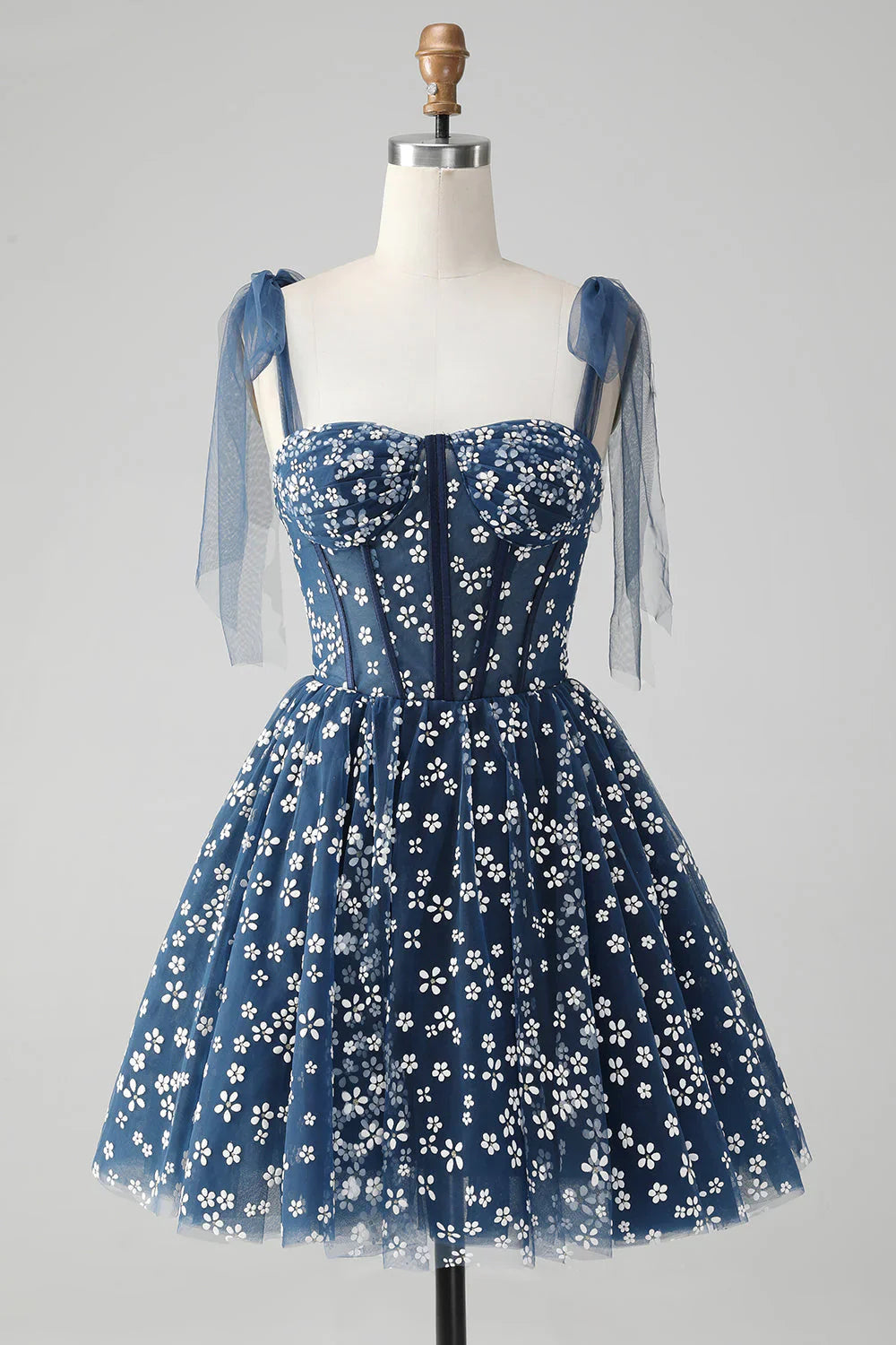 omberprom Cute A Line Spaghetti Straps Print Corset Navy Short Homecoming Dress