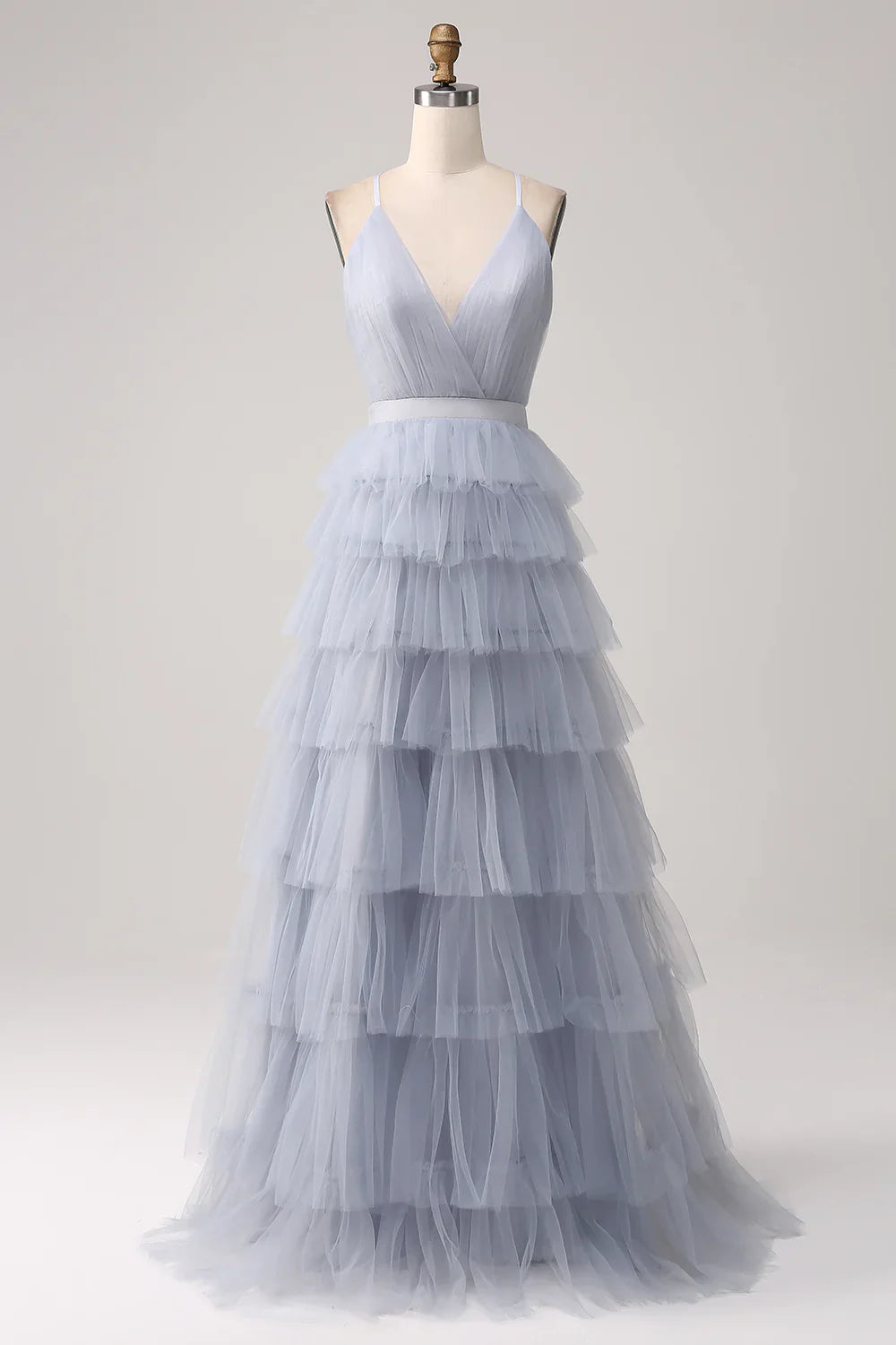 omberprom Dusty Blue A-Line Spaghetti Straps Tiered Floor Length Tulle Prom Dress
