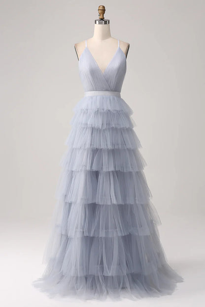omberprom Dusty Blue A-Line Spaghetti Straps Tiered Floor Length Tulle Prom Dress