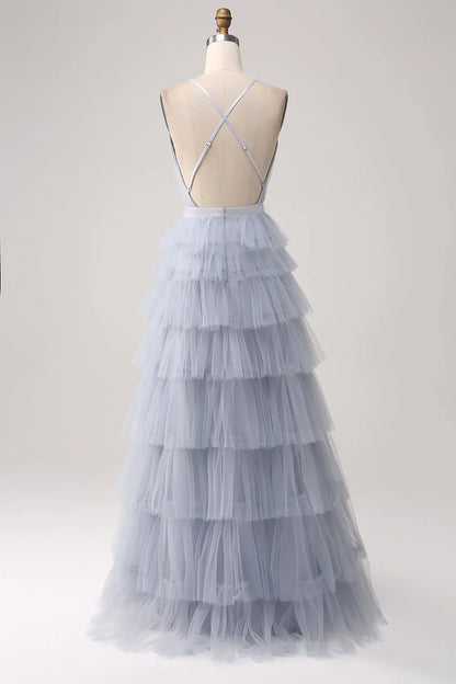 omberprom Dusty Blue A-Line Spaghetti Straps Tiered Floor Length Tulle Prom Dress