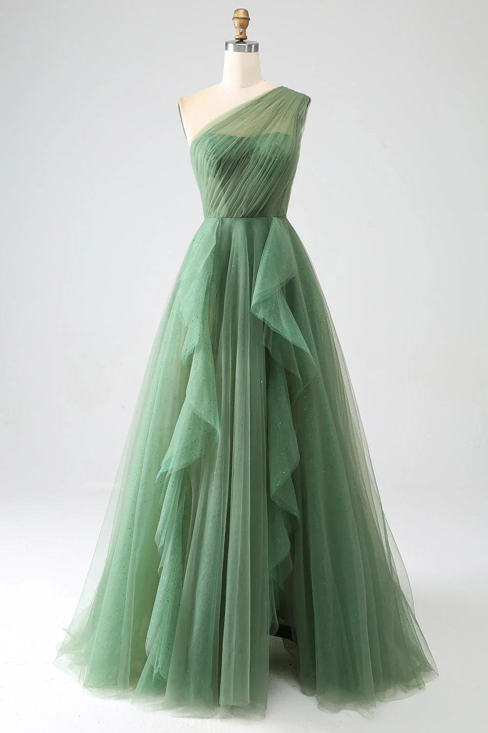 omberprom Elegant A-Line One-Shoulder Long Prom Dress Tulle With Slit Charming Evening Party Dress