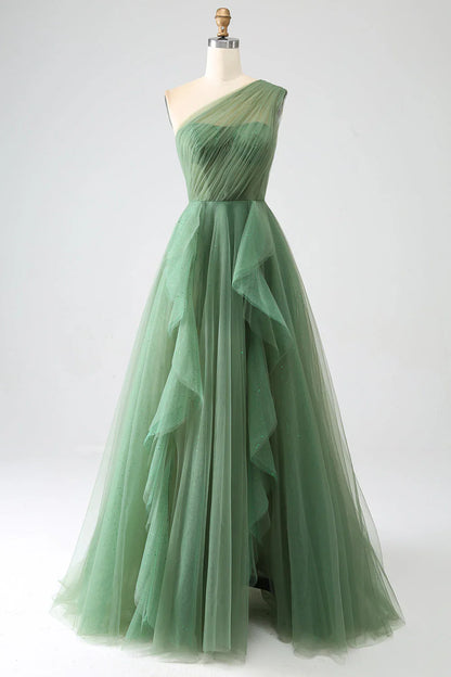 omberprom Elegant A-Line One-Shoulder Long Prom Dress Tulle With Slit Charming Evening Party Dress