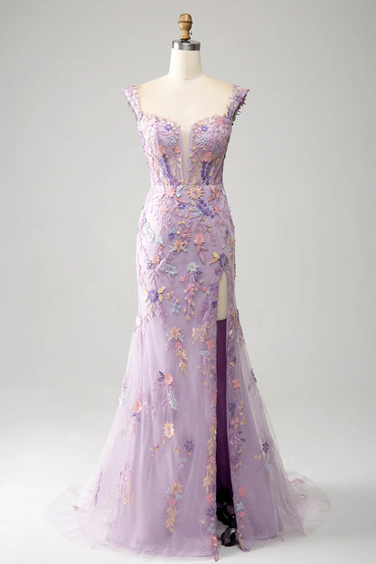 omberprom Mermaid Evening Dress Square Neck Split Front Prom Dress With Appliques Mauve