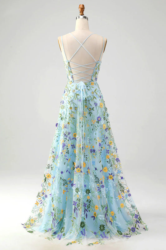 omberprom Gorgeous A Line Evening Dress Spaghetti Straps Light Purple Long Prom Dress with Appliques