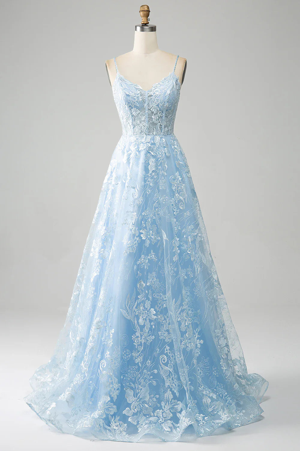 omberprom A Line Evening Dress Spaghetti Straps Corset Tulle Sky Blue Prom Dress With Appliques