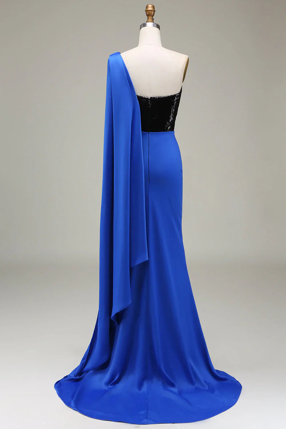 omberprom Royal Blue One Shoulder Mermaid Evening Dress Sequin Pleated Prom Dress with Slit