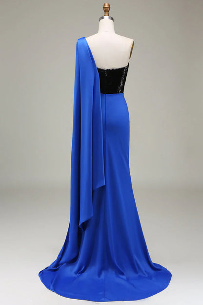 omberprom Royal Blue One Shoulder Mermaid Evening Dress Sequin Pleated Prom Dress with Slit