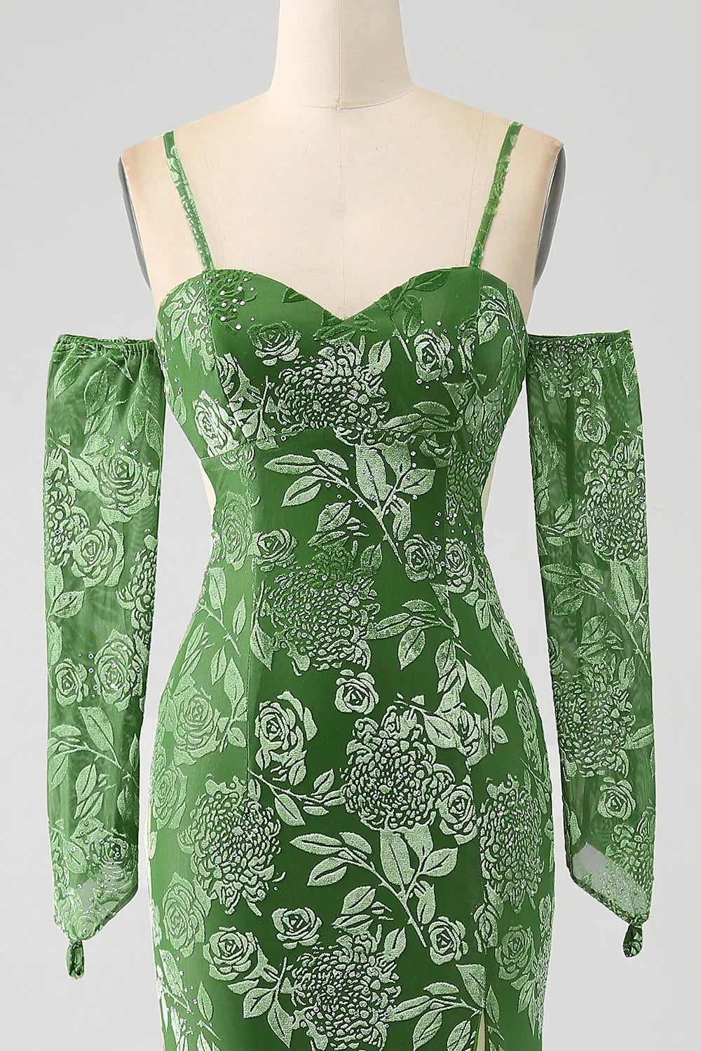 omberprom Mermaid Evening Dress Spaghetti Straps Floral Print Olive Long Prom Dress With Slit