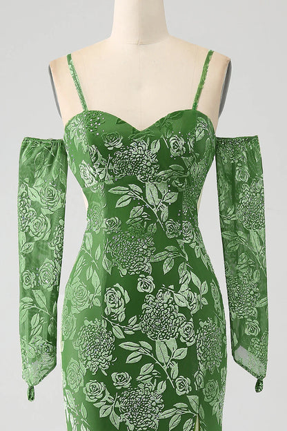 omberprom Mermaid Evening Dress Spaghetti Straps Floral Print Olive Long Prom Dress With Slit