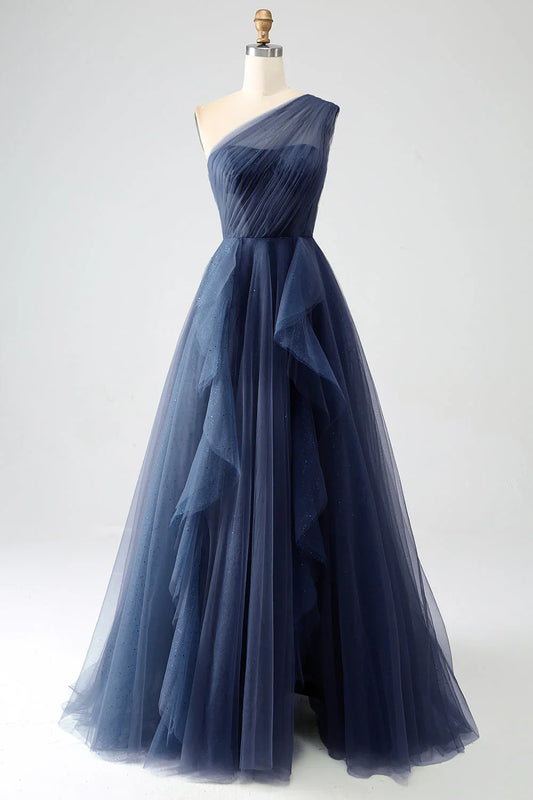 omberprom Elegant A-Line One-Shoulder Long Prom Dress Tulle With Slit Charming Evening Party Dress