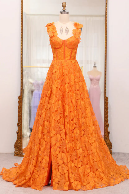 omberprom A-Line Evening Dress Spaghetti Straps Applique Corset Long Prom Dress With Slit Orange