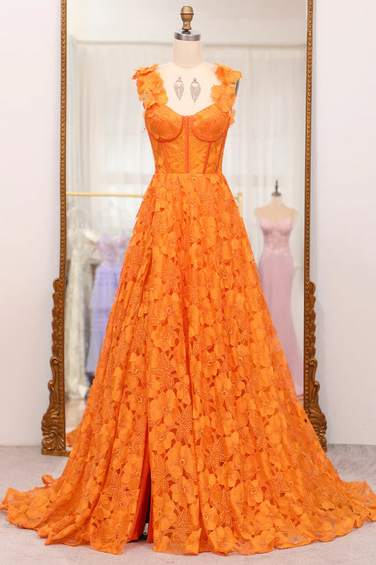 omberprom A-Line Evening Dress Spaghetti Straps Applique Corset Long Prom Dress With Slit Orange