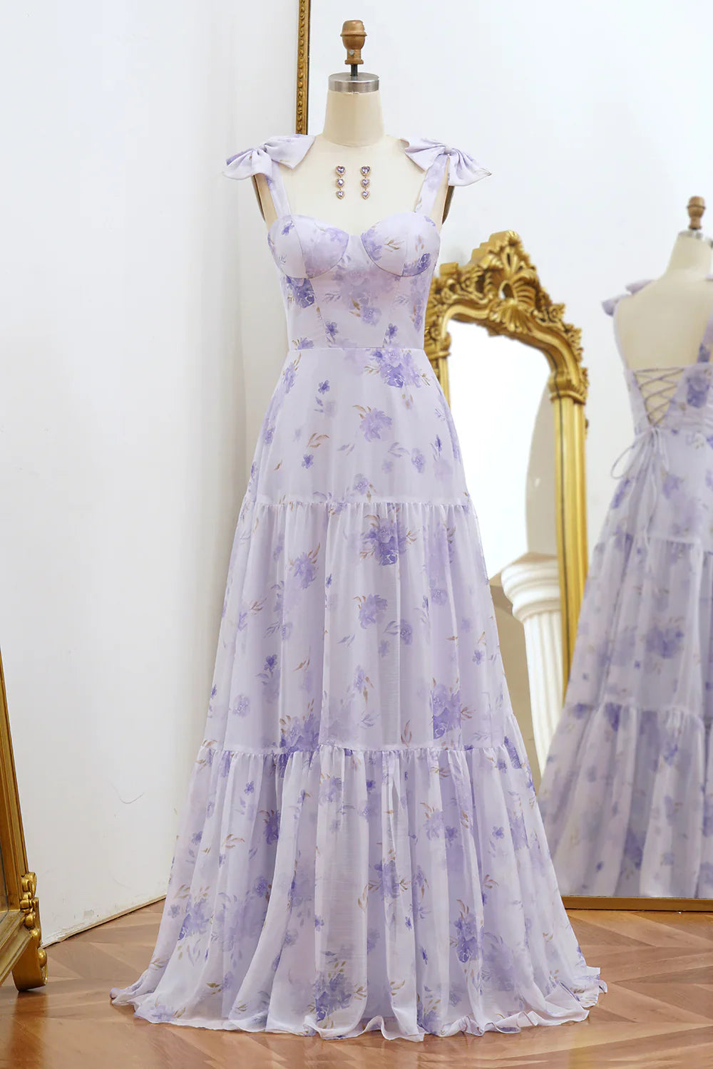 omberprom Elegant A-Line Long Prom Dress Spaghetti Straps Floral Print Lace Up Charming Wedding Guest Dress Party Dress