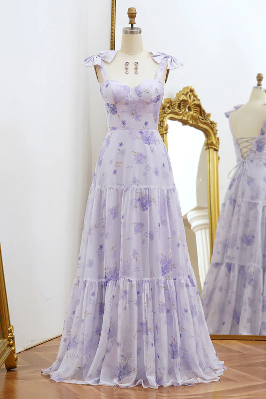 omberprom Elegant A-Line Long Prom Dress Spaghetti Straps Floral Print Lace Up Charming Wedding Guest Dress Party Dress