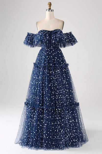 omberprom Navy Princess A-Line Evening Dress Off The Shoulder Pleated Tiered Long Prom Dress
