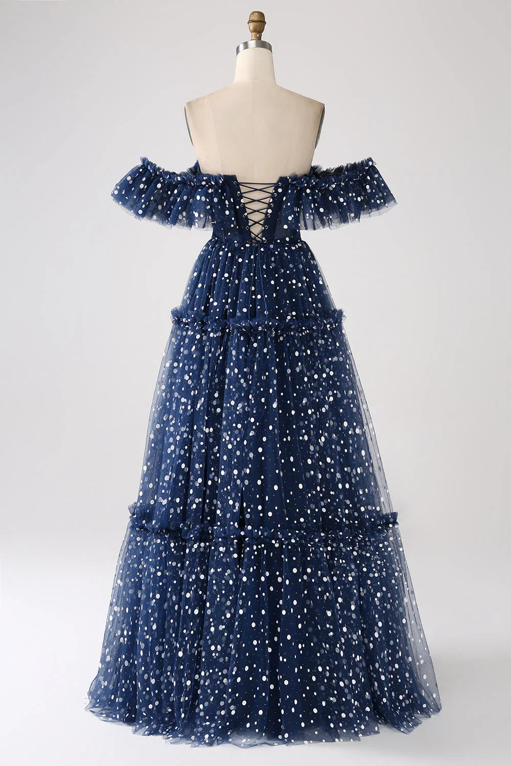 omberprom Navy Princess A-Line Evening Dress Off The Shoulder Pleated Tiered Long Prom Dress